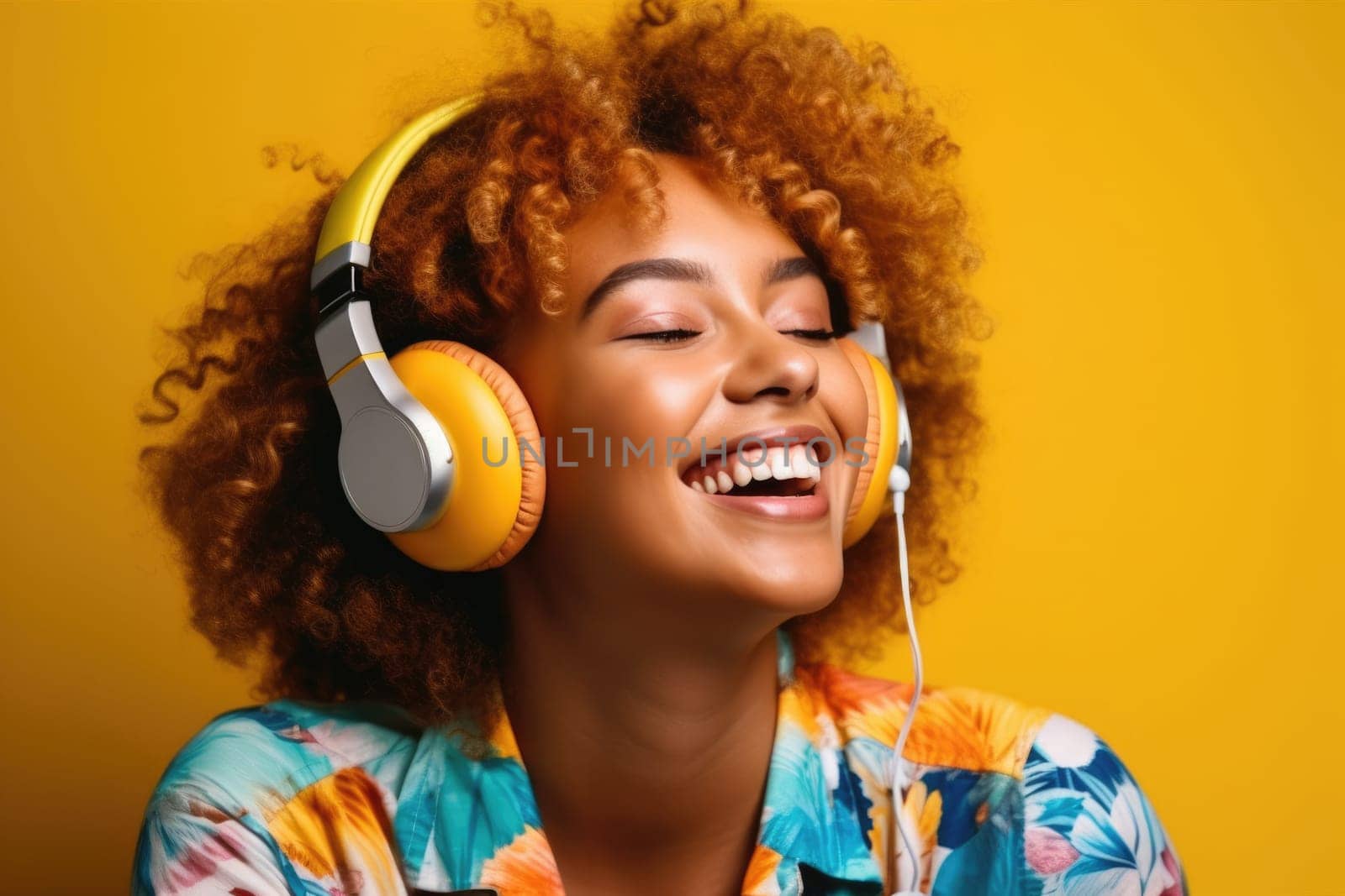closeup of happy young woman wearing headphones enjoying music and dancing, AI Generative