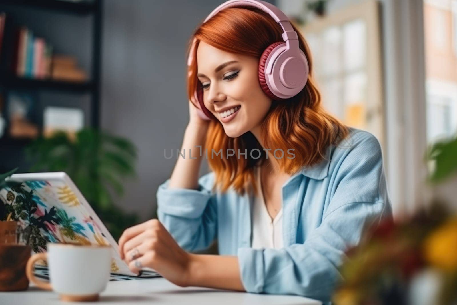young woman wearing headphones relaxing and painting a picture , AI Generative