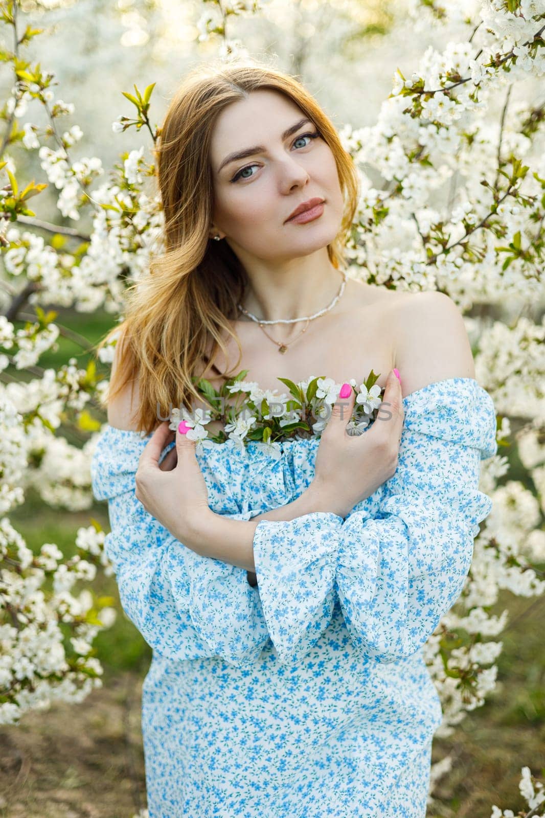 Attractive young woman in a delicate dress in a blossoming spring apple orchard. A gentle woman in a light summer dress.