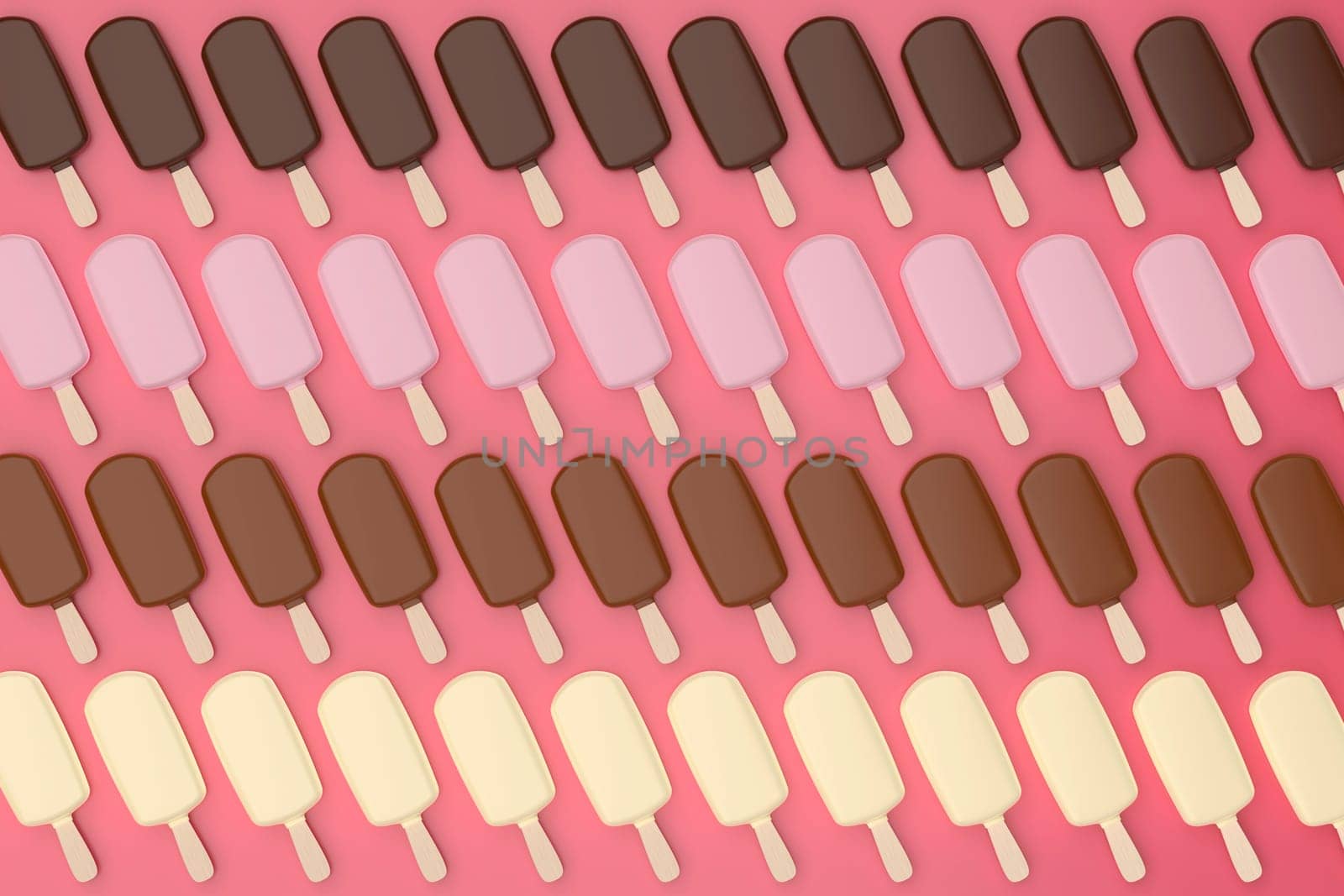 Many rows with different chocolate ice creams, top view