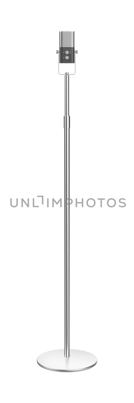 Silver audio microphone on stand on white background