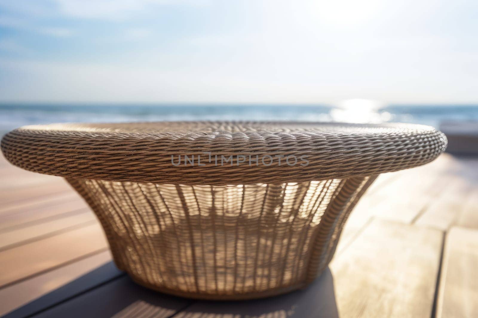 Empty round wicker table in a beach restaurant, overlooking the sunset sea. Ai generative