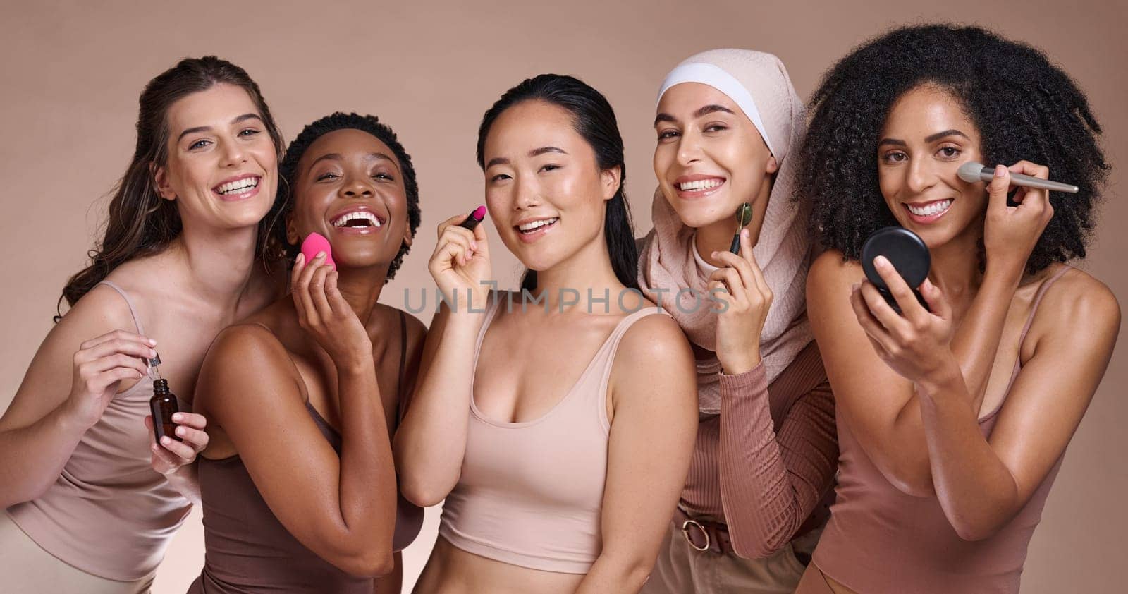 Women group, makeup studio or diversity portrait for skincare, beauty or smile for happiness. Happy cosmetic teamwork, multicultural model team or face glow aesthetic for support, solidarity or unity by YuriArcurs