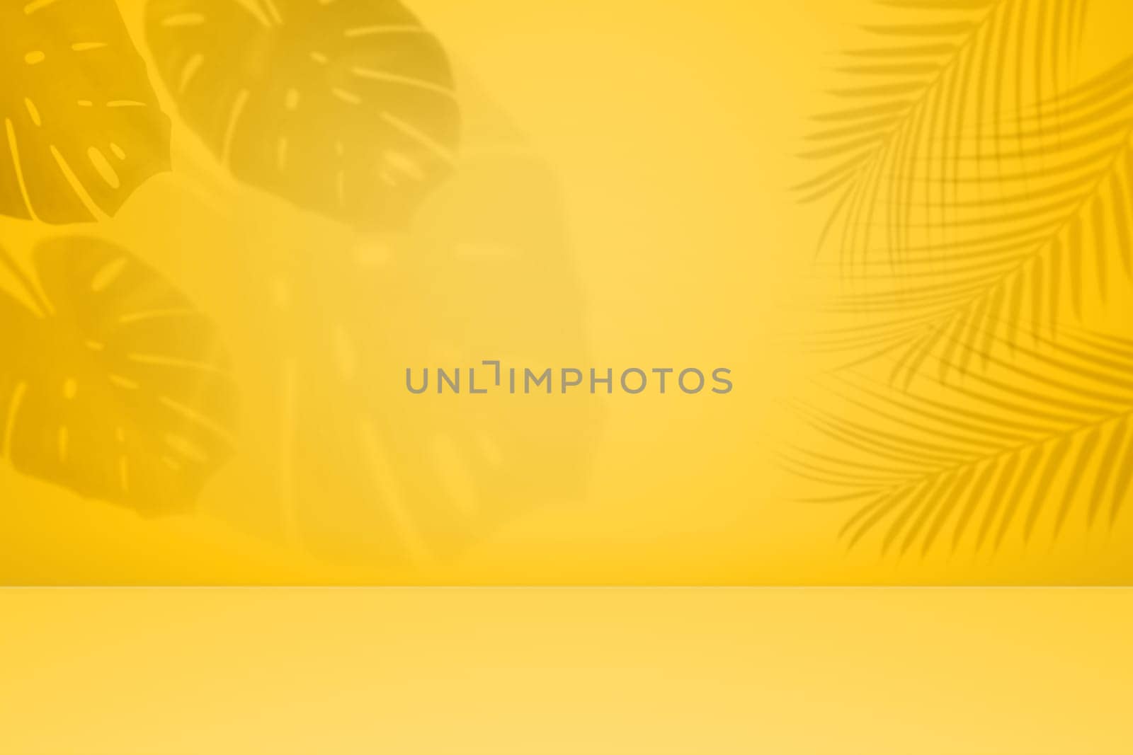 Empty monstera shadow texture pattern cement on yellow wall background Summer tropical minimal concept by PhotoTime
