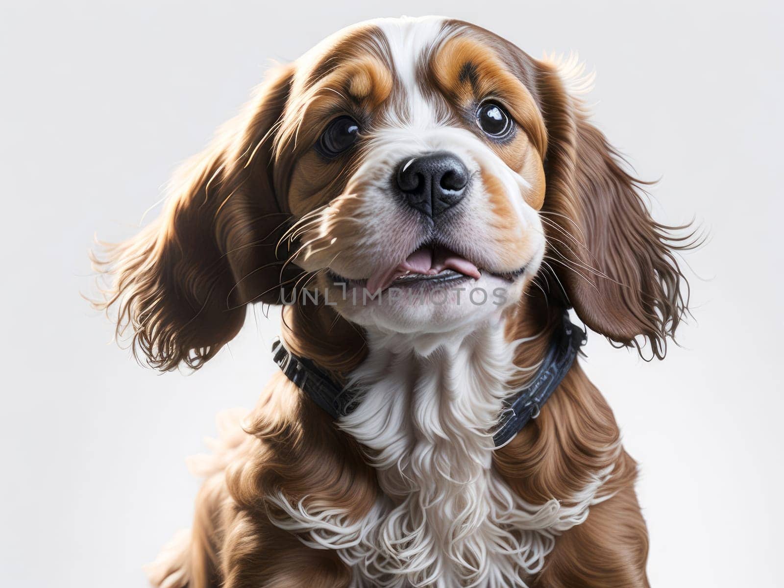 Cute happy cocker spaniel puppy on white background. Generative Ai