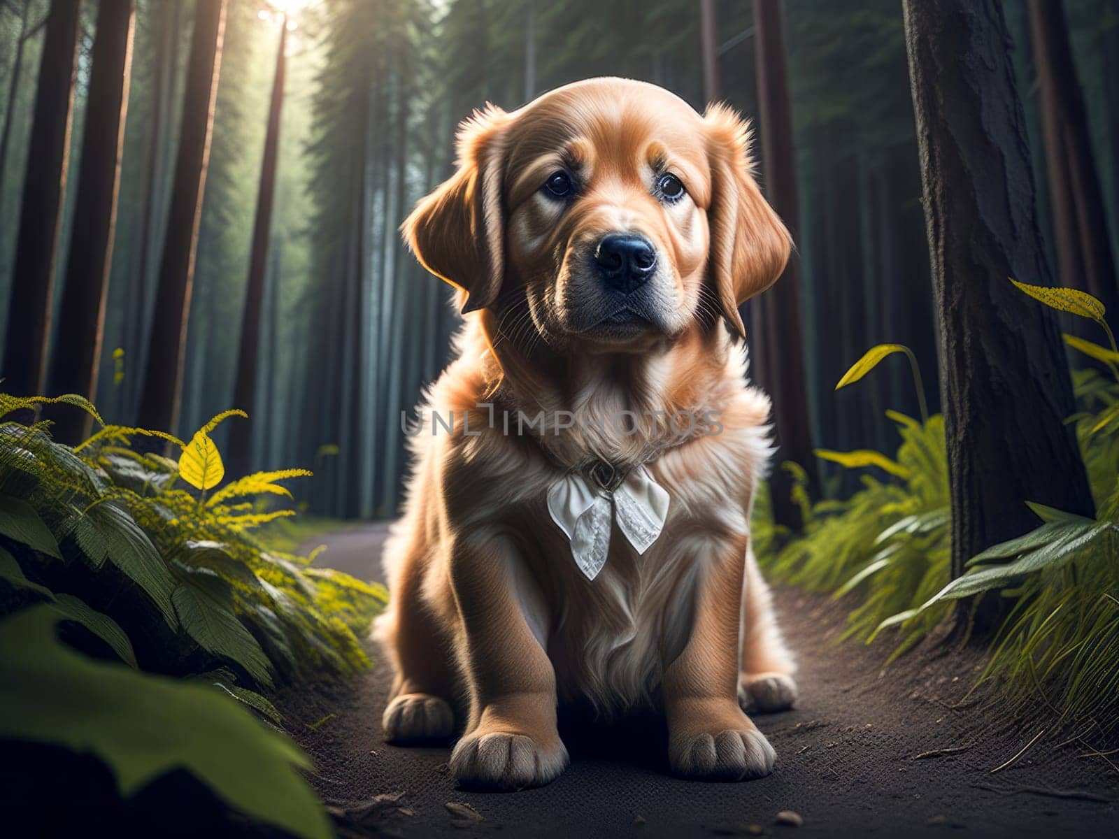 Cute dog golden retriever breed hiking in the forest. Dog vacation relax concept. Generative Ai