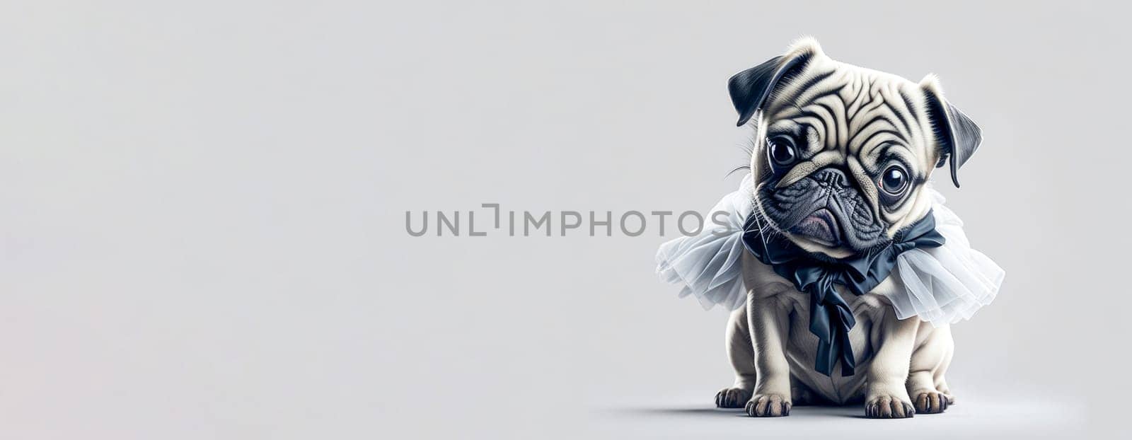 Cute funny pug puppy wearing blue dress on white background. Generative Ai