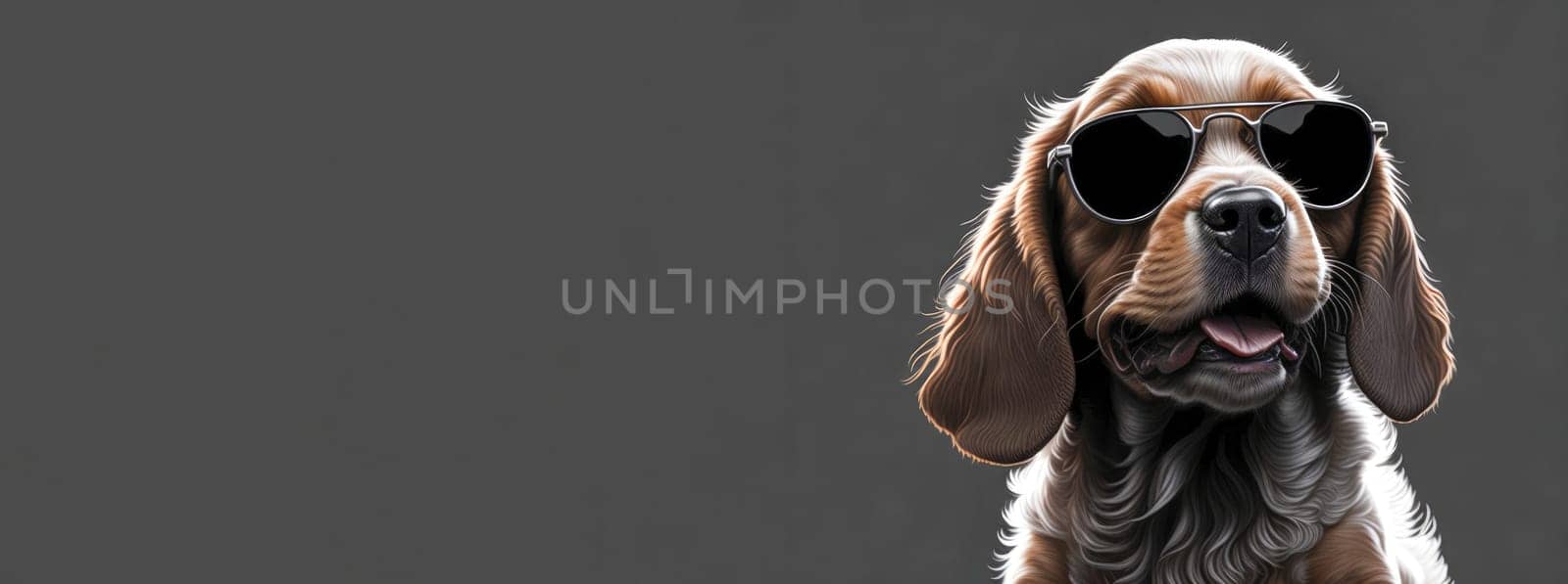 Banner of cute happy cocker spaniel puppy on grey background. Space for text. Copy Space. Generative Ai