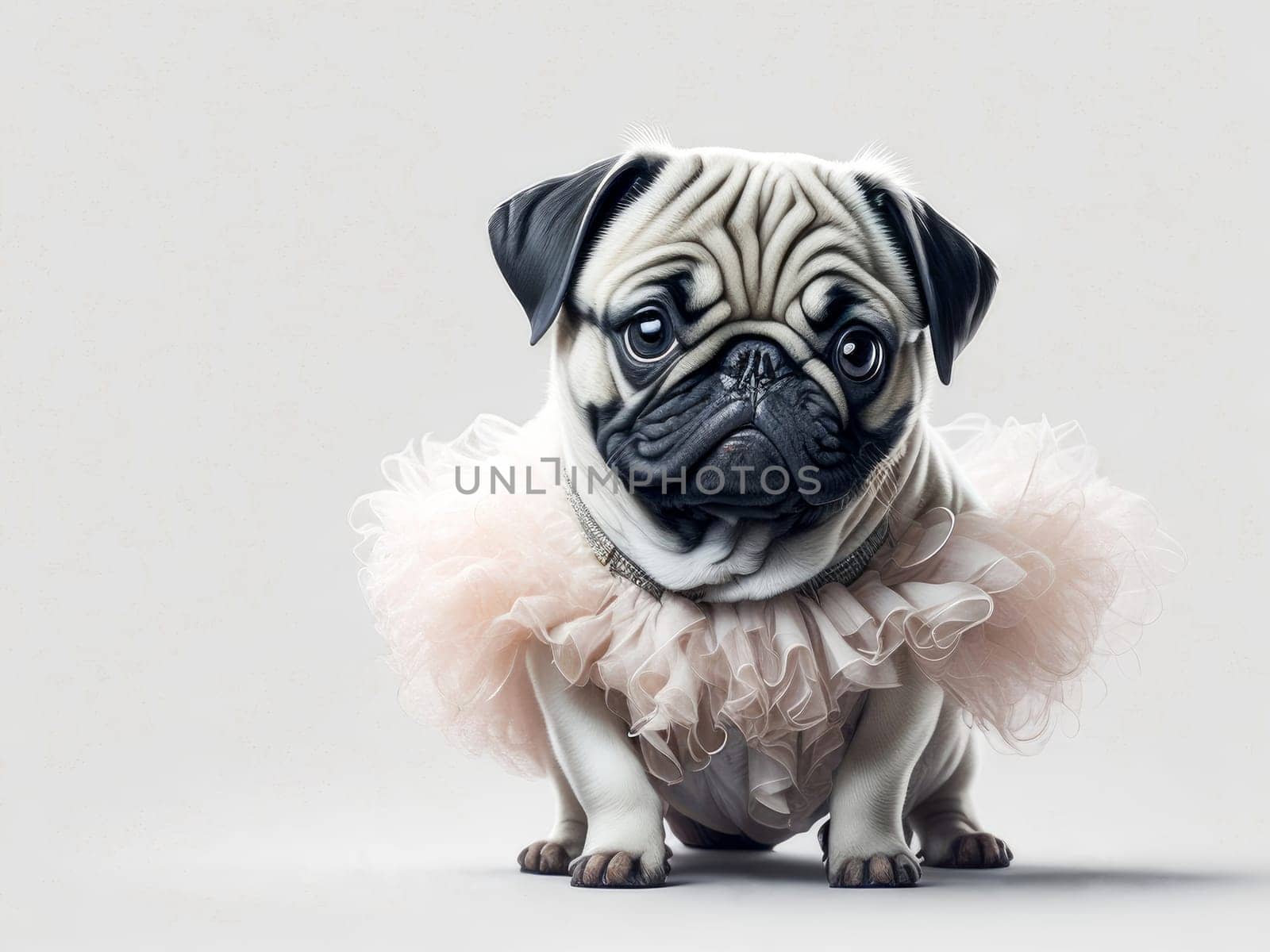 Cute funny pug puppy wearing pink tutu on white background. Generative Ai