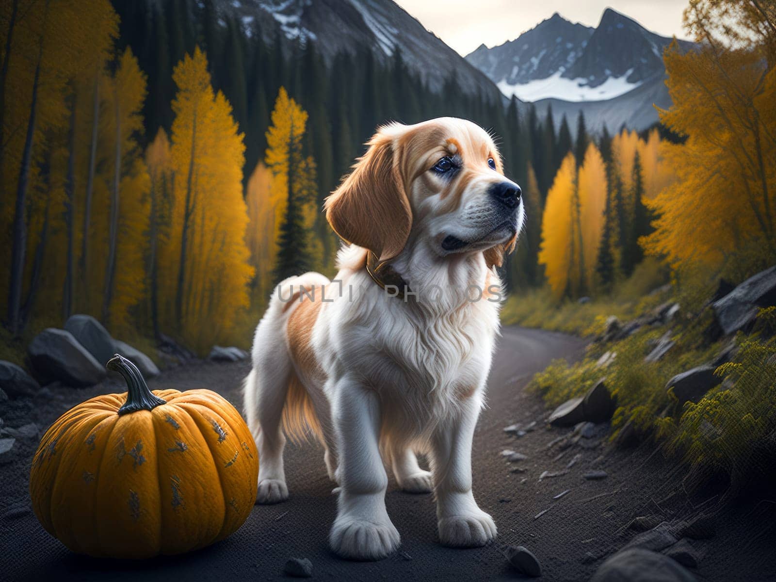 Cute golden retriever dog with pumpkin with autumn forest. Halloween costume. Dog vacation relax concept. Generative Ai