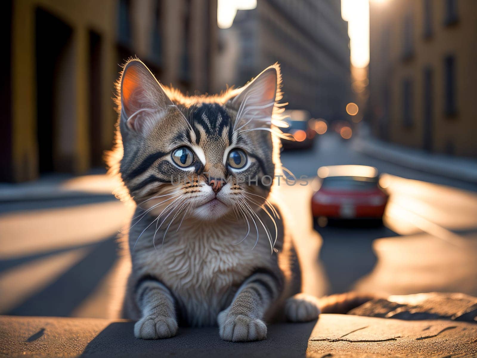 Cute fluffy tabby kitten portrait on city on background. Street cat, vacation relax concept. Generative Ai