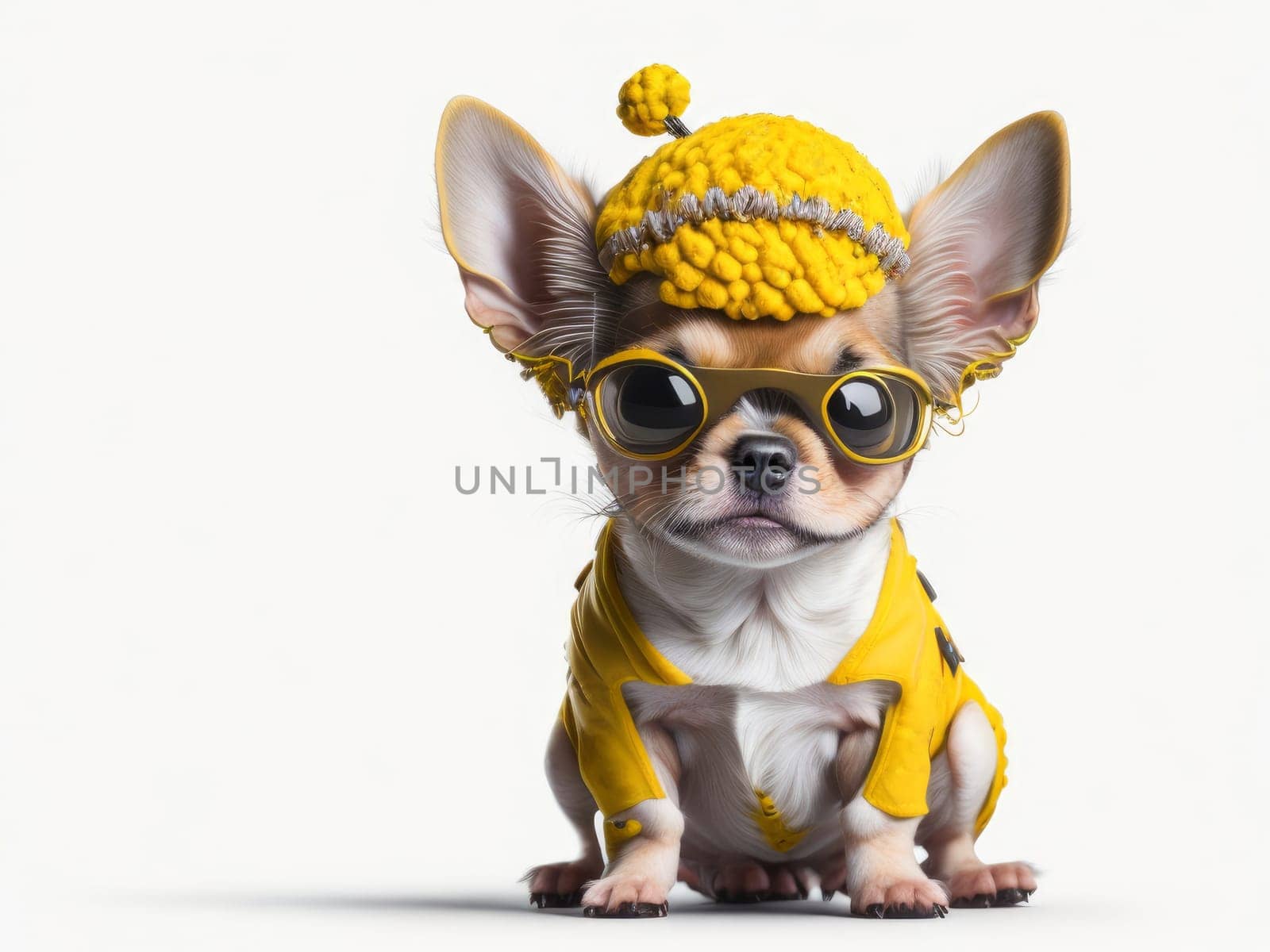 Cute funny chihuahua puppy wearing yellow bee costume on white background. Generative Ai. by JuliaDorian