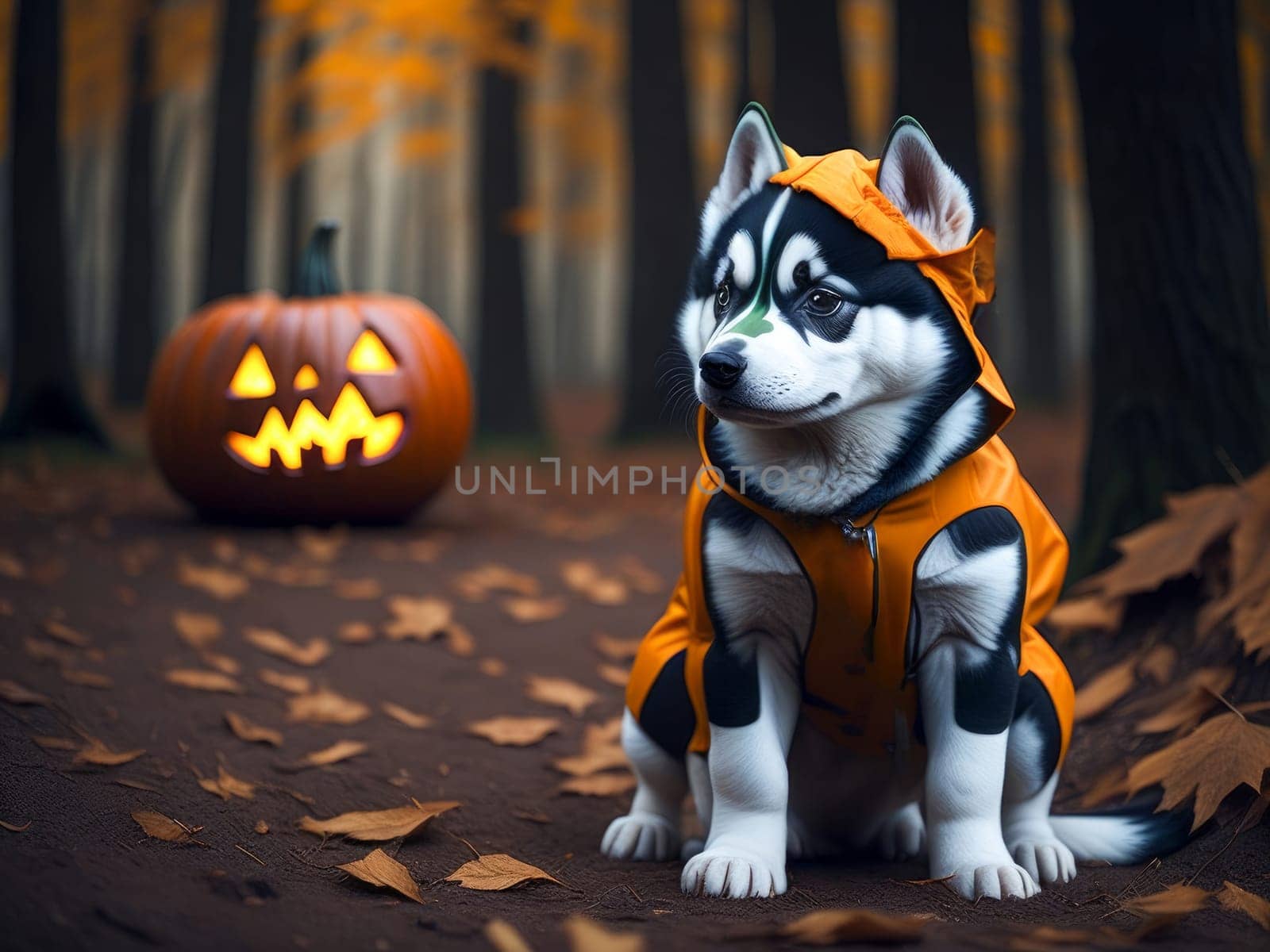 Cute husky puppy wearing halloween costume autumn forest on background. Halloween costume. Dog vacation relax concept. Generative Ai