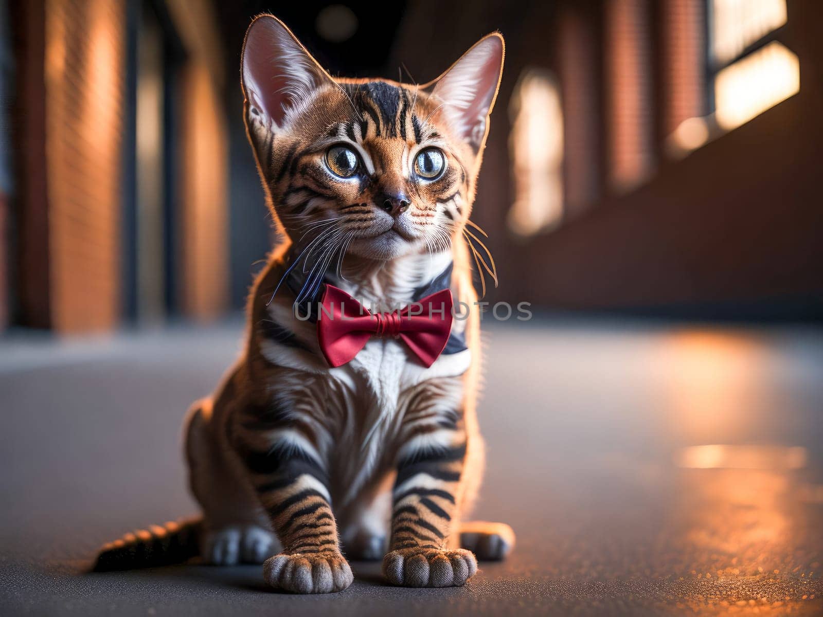 Cute bengal kitten portrait wearing red bow tie on city on background. Street cat, vacation relax concept. Generative Ai