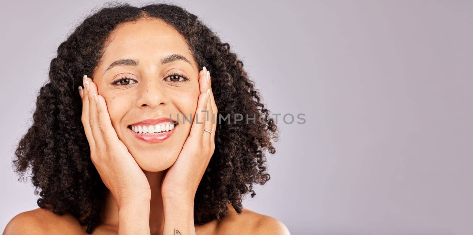 Skin glow, portrait and black woman with skincare with facial and beauty dermatology with mockup. Spa, self care and model face treatment feeling happiness from cosmetics and makeup with mock up.