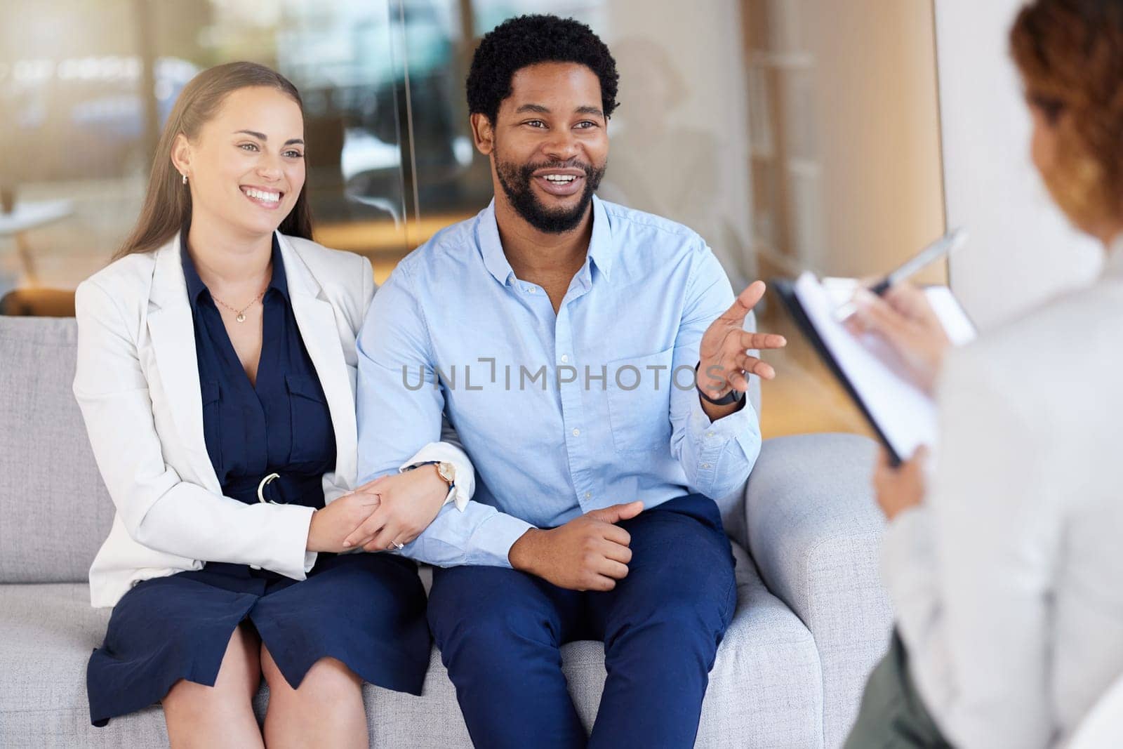 Marriage counseling, psychology and communication with a couple talking to a therapist during a session for growth. Trust, love or mental health with a man and woman meeting their psychologist.