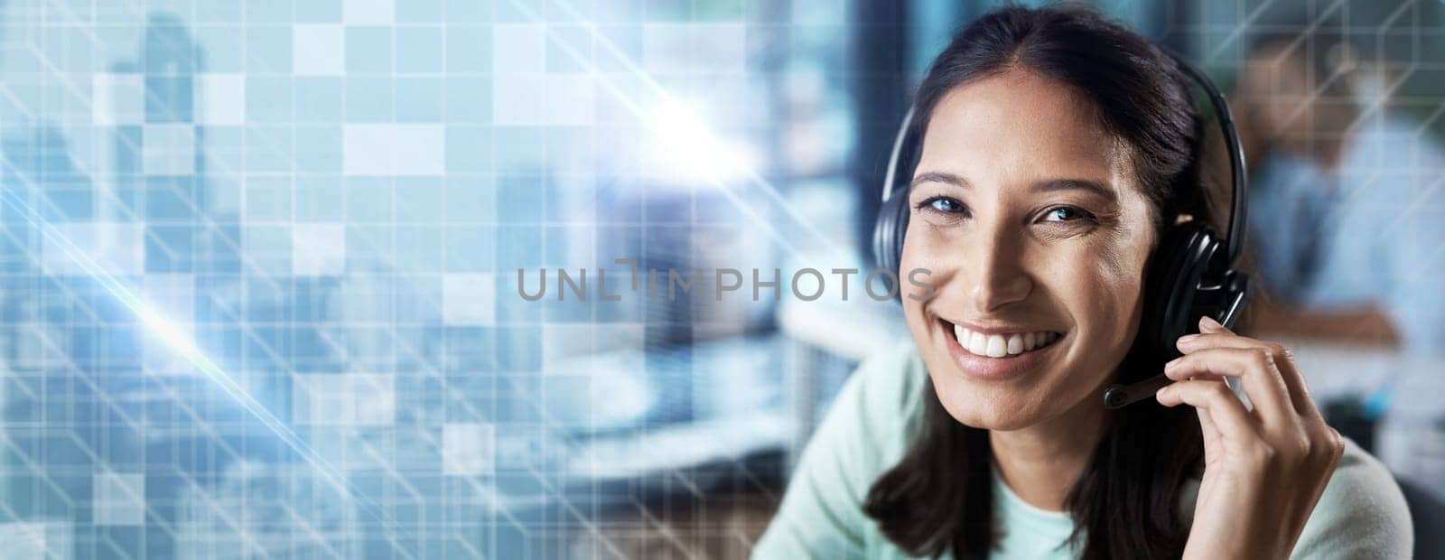 Portrait, overlay or happy consultant in a call center helping, talking or networking online at office desk. Graphic hologram, woman or insurance agent in communication at customer services or sales.