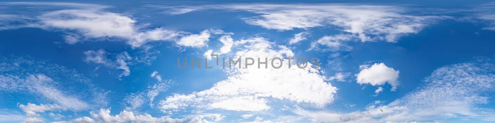 Sky panorama with Cirrus clouds in Seamless spherical equirectangular format. Full zenith for use in 3D graphics, game and editing aerial drone 360 degree panoramas for sky replacement