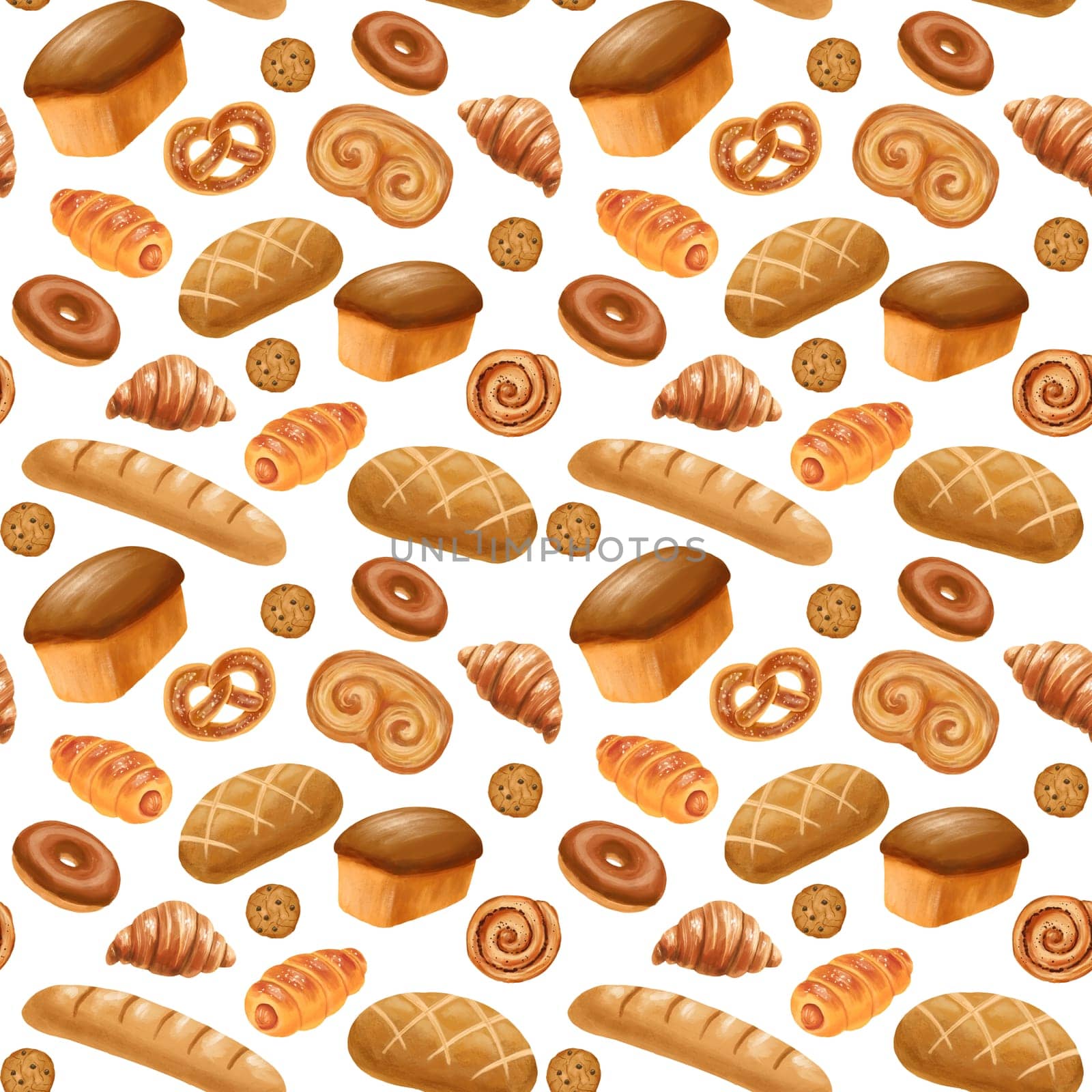 Seamless pattern with baking. Hand drawn illustrations of sweet pastries and cookies on white background.