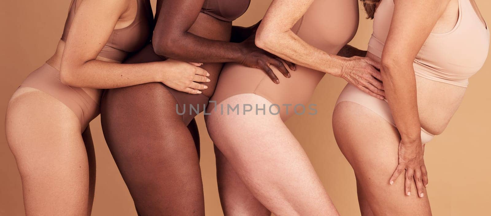 Legs, diversity and skincare of body positive women, natural beauty community and wellness on studio. Group, female models and thigh in underwear for cosmetics, healthy glow or laser aesthetics.