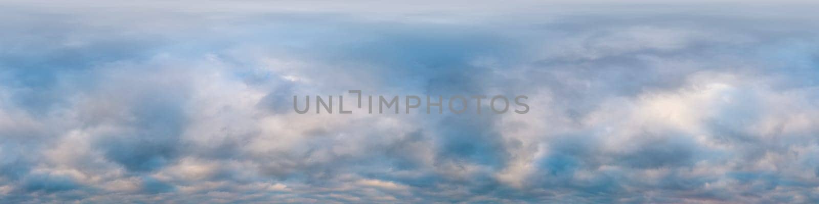 Dramatic overcast sky panorama with dark gloomy Cumulonimbus clouds. HDR 360 seamless spherical panorama. Sky dome in 3D, sky replacement for aerial drone panoramas. Weather and climate change