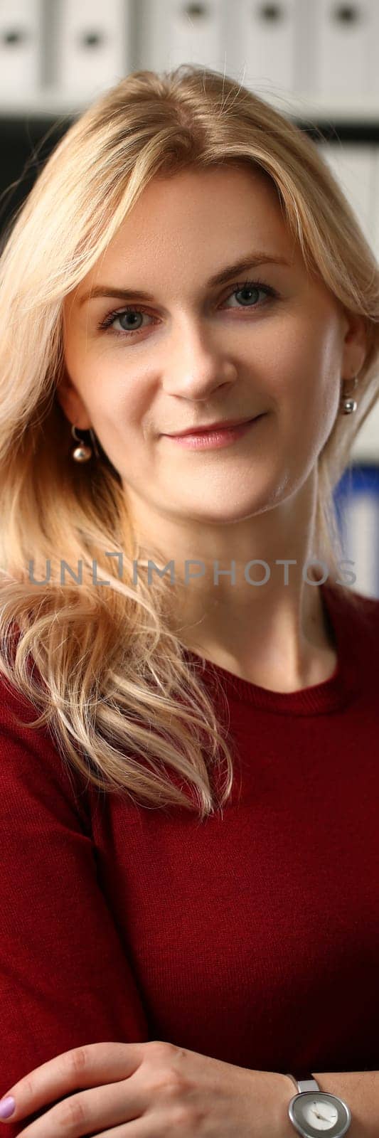 Smiling successful and attractive business woman in office by kuprevich