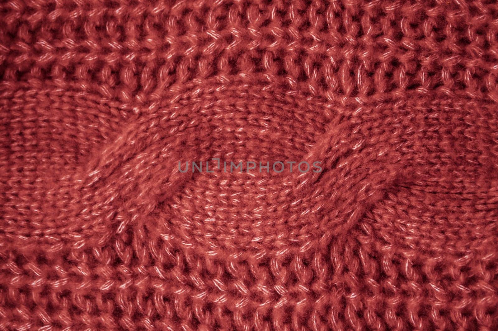Closeup Knitted Wool. Organic Woven Textile. Structure Jacquard Winter Background. Knitted Fabric. Red Soft Thread. Nordic Holiday Blanket. Detail Jumper Cashmere. Weave Abstract Wool.