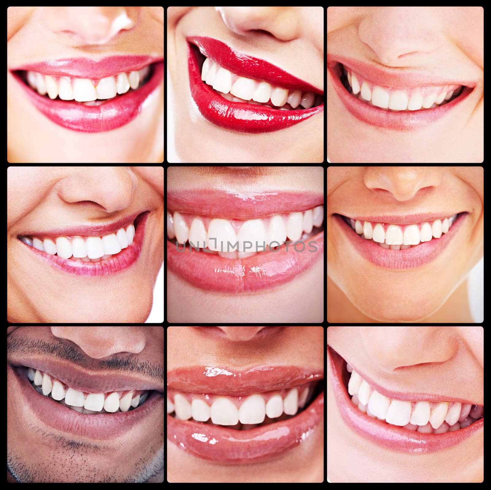 Dentistry, health and collage of teeth smiles with dental wellness and fresh mouth routine. Self care, cosmetic and montage of a diverse group of people with a clean, healthy and organic oral hygiene.