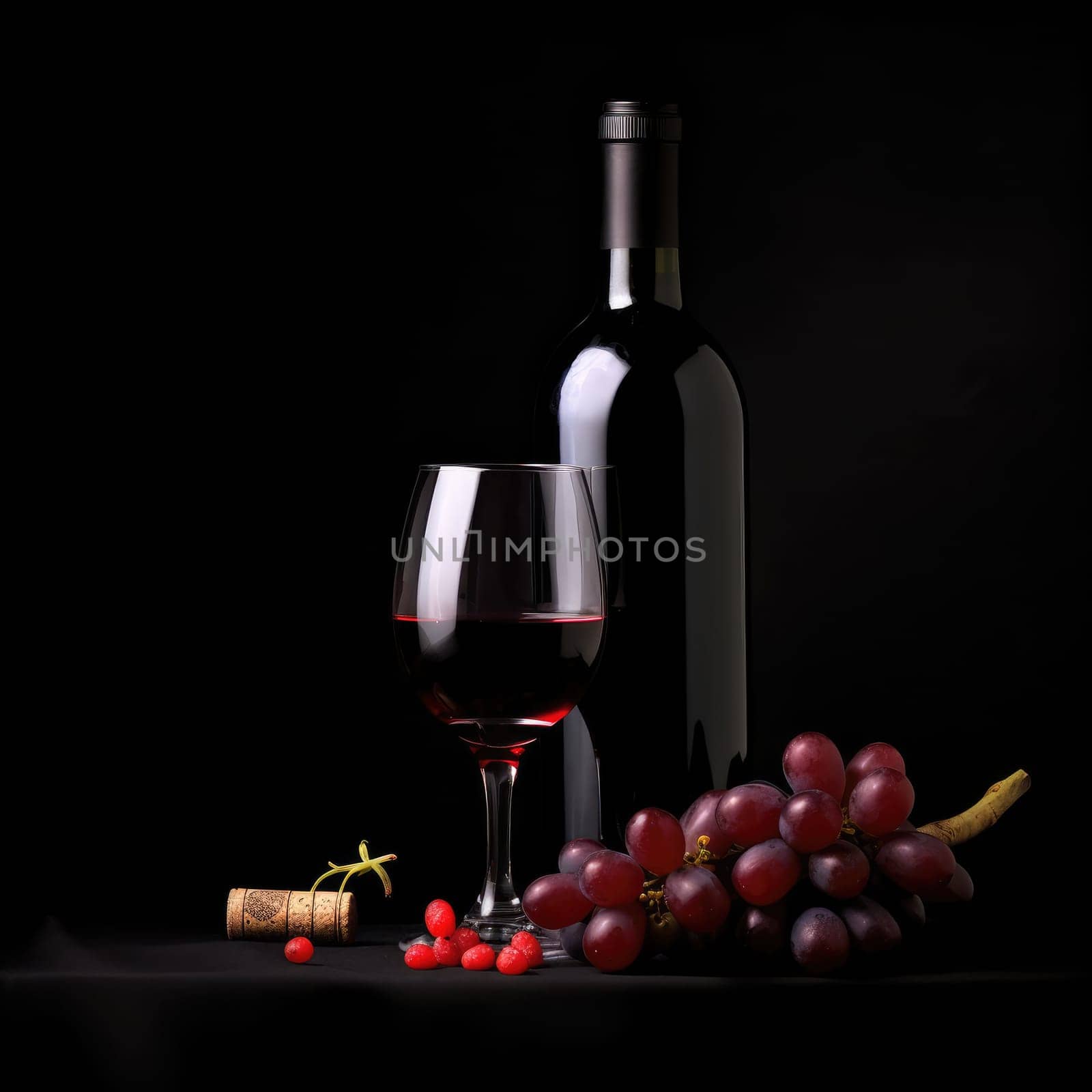 A bottle of red wine with a glass and winegrad on a dark background