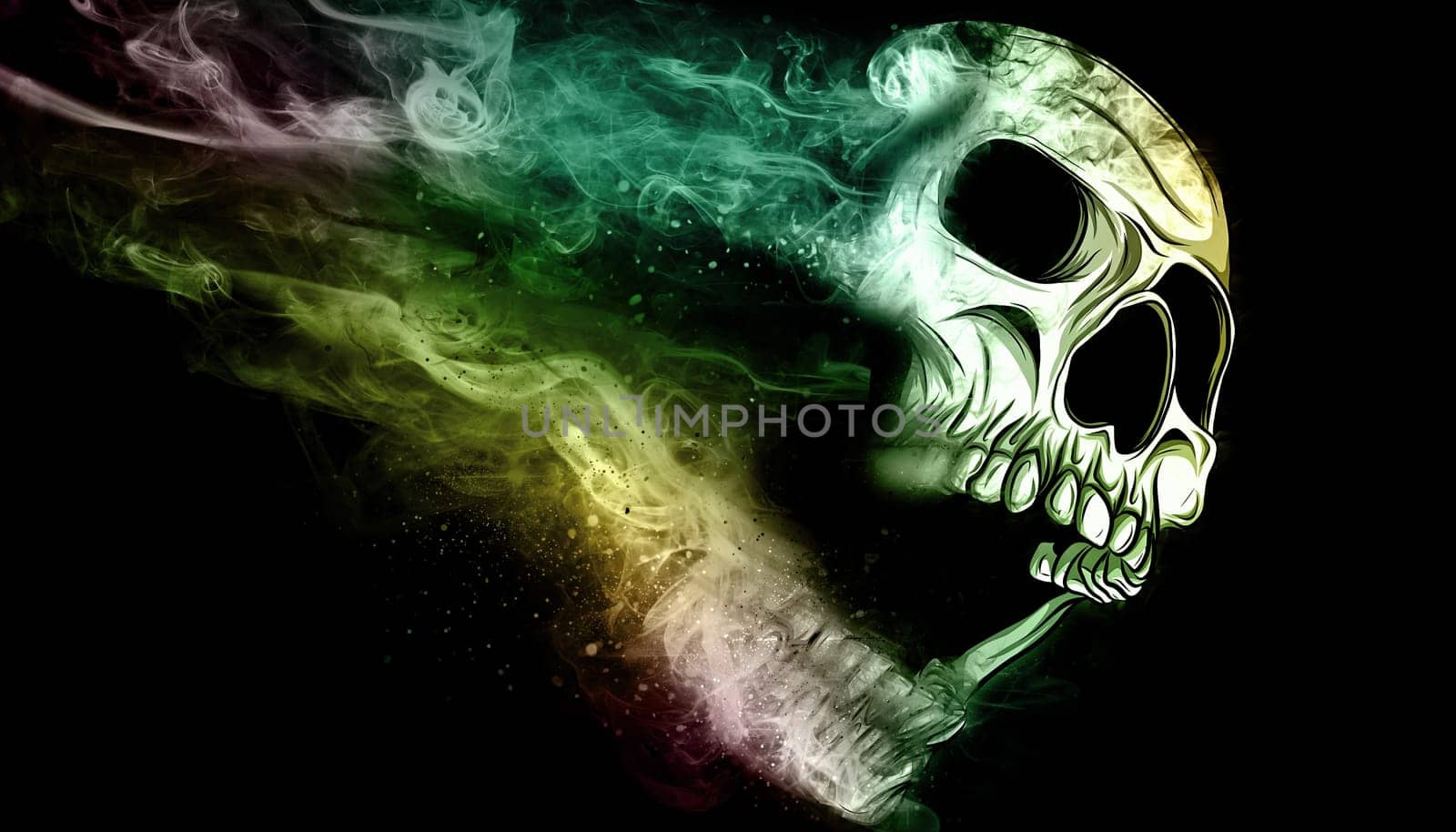 skull emerging from a cloud of smoke high contrast image by dean