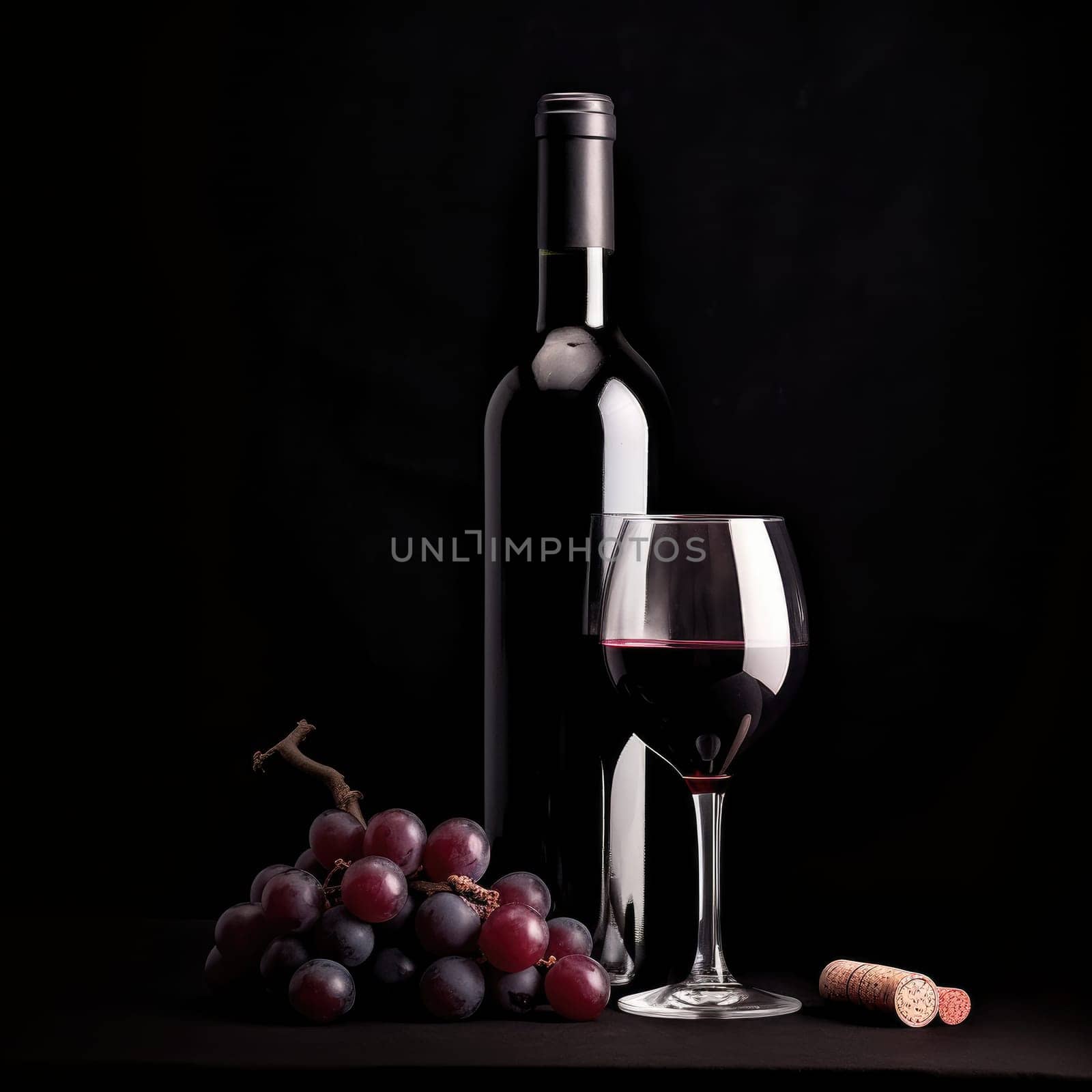 A bottle of red wine with a glass and winegrad on a dark background