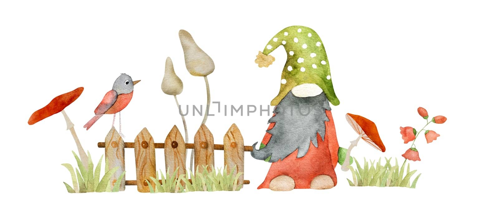 Forest dwarf with mushrooms and bird in garden watercolor painting. Fairytale character gnome with red chanterelle agaric cartoon aquarelle drawing