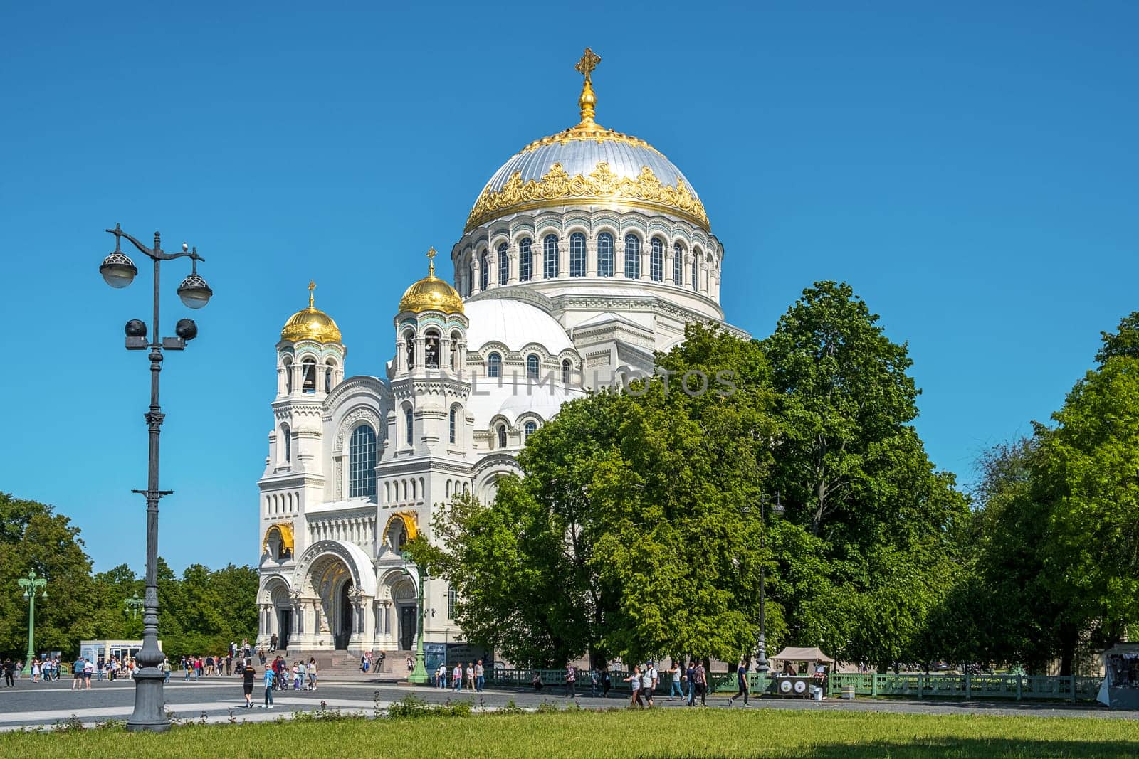 Kronstadt, St. Petersburg, Russia - June 12, 2023. View of the Kronstadt St. Nicholas Naval Cathedral.