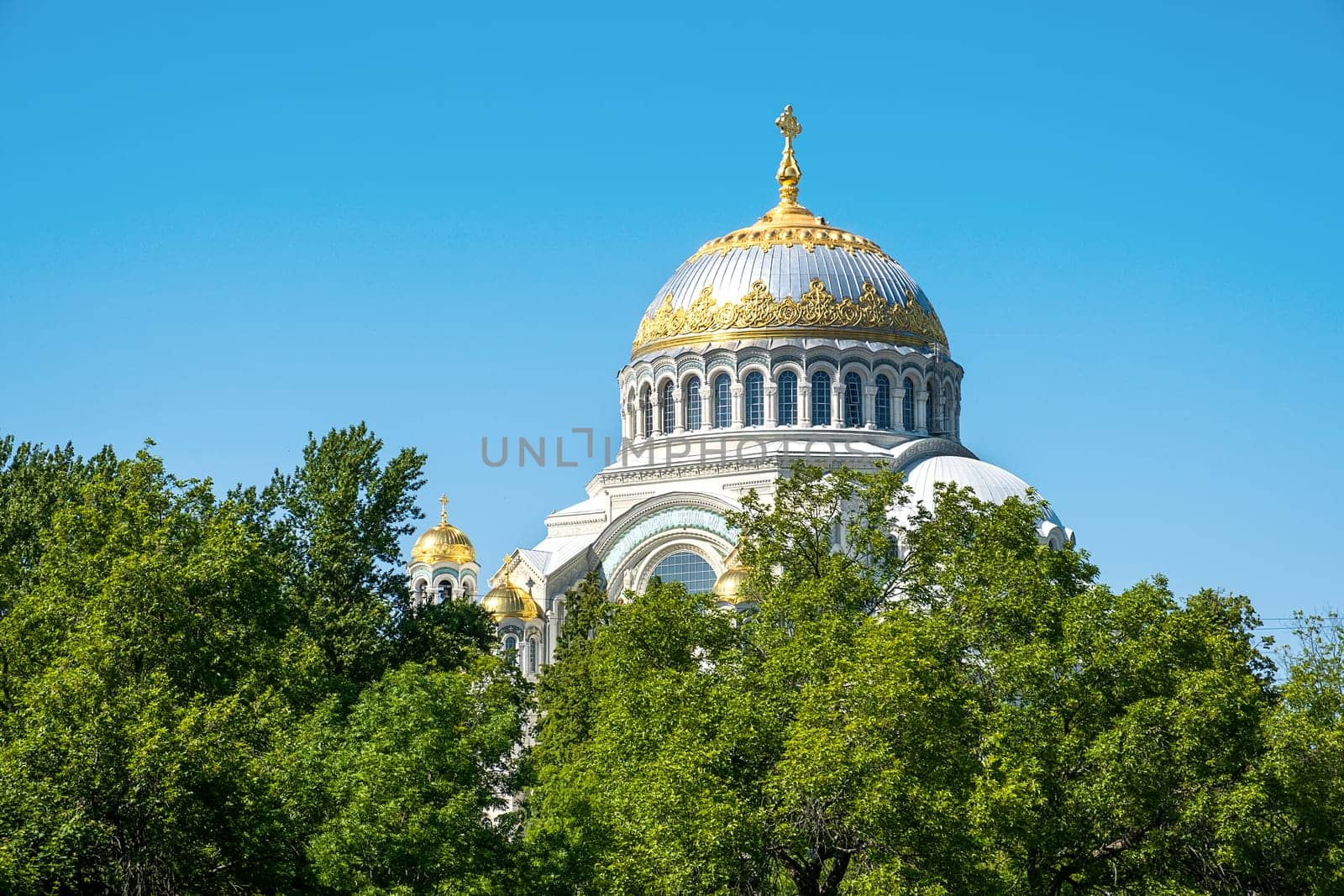 Kronstadt, St. Petersburg, Russia - June 12, 2023. View of the Kronstadt St. Nicholas Naval Cathedral.