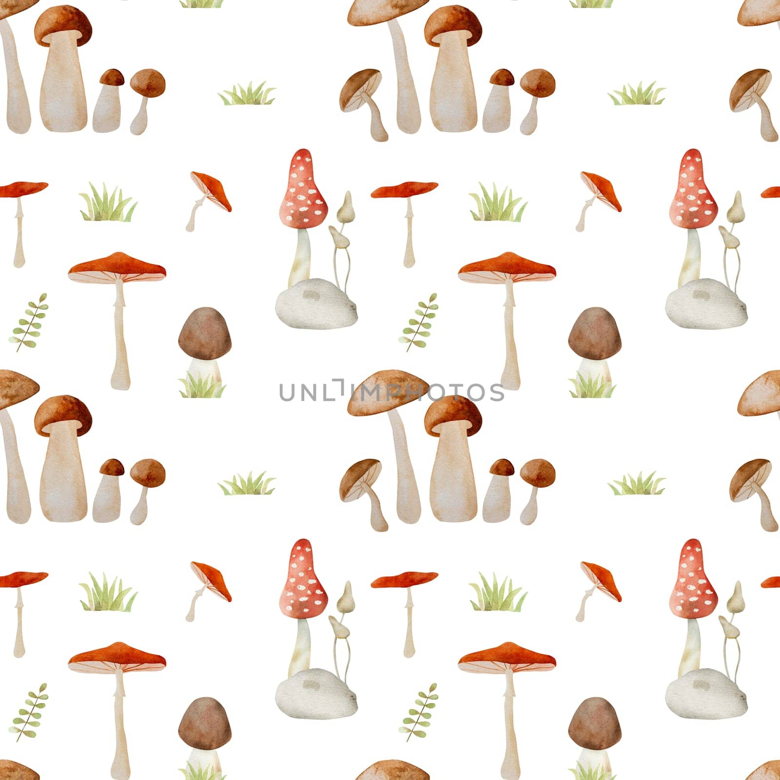 Forest mushrooms watercolor painting seamless pattern. Wood fungal vegetables fly agaric amarita and chanterelle aquarelle drawing