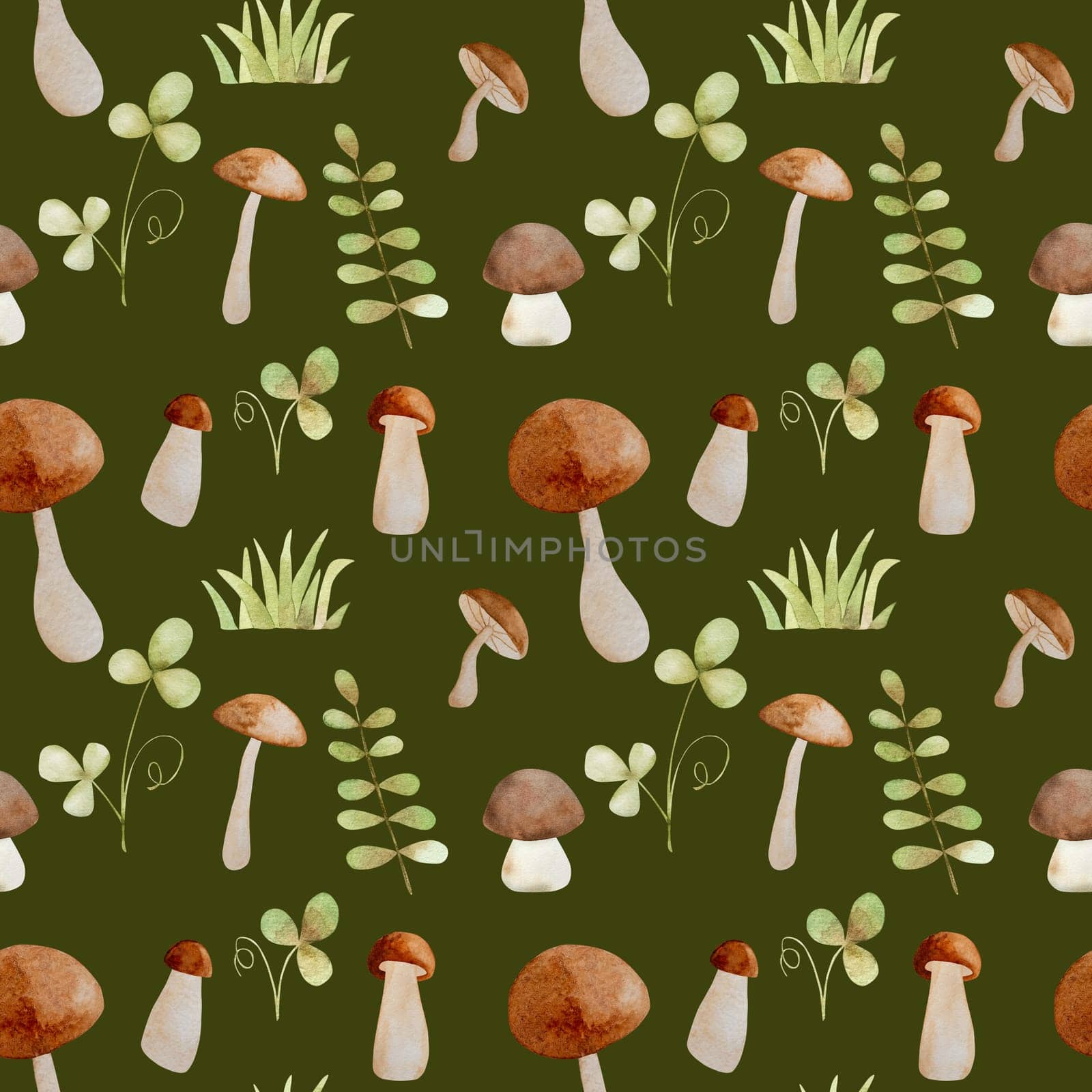 Forest mushrooms watercolor painting seamless pattern. Wood fungal vegetables and leaves aquarelle drawing on dark green background