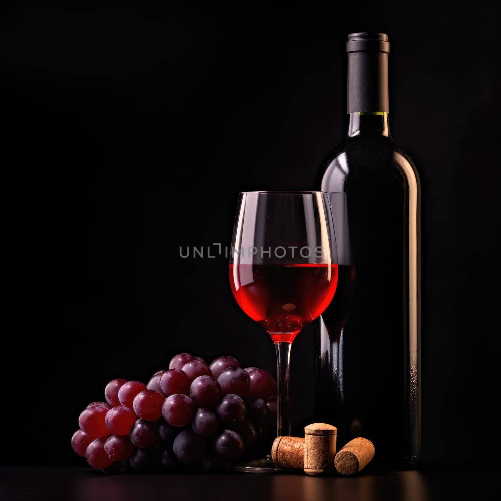 A bottle of red wine with a glass and winegrad on a dark background