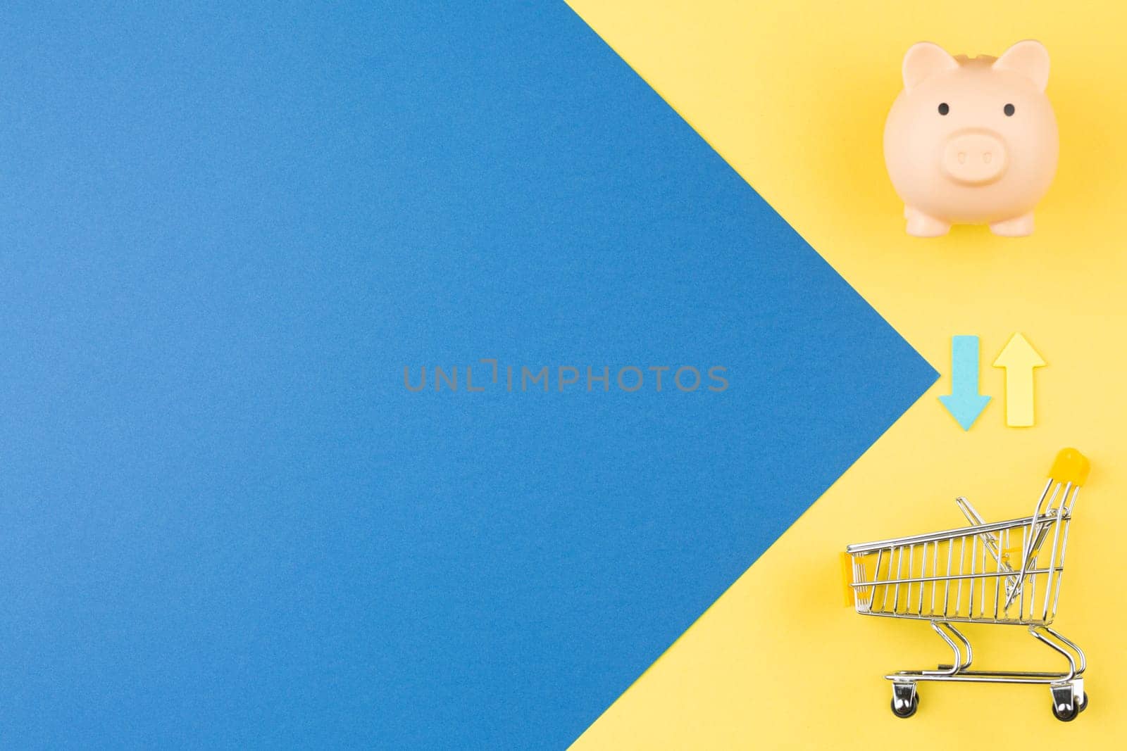 Piggy bank with trolley from supermarket on two color background top view. Concept of shopping. Flat lay with Copy space.