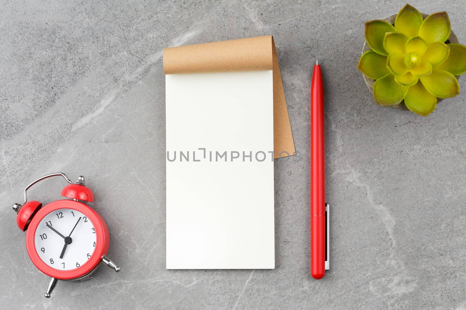 Open notepad with red pen, alarm clock and flower in pot on gray marble background. Flat lay