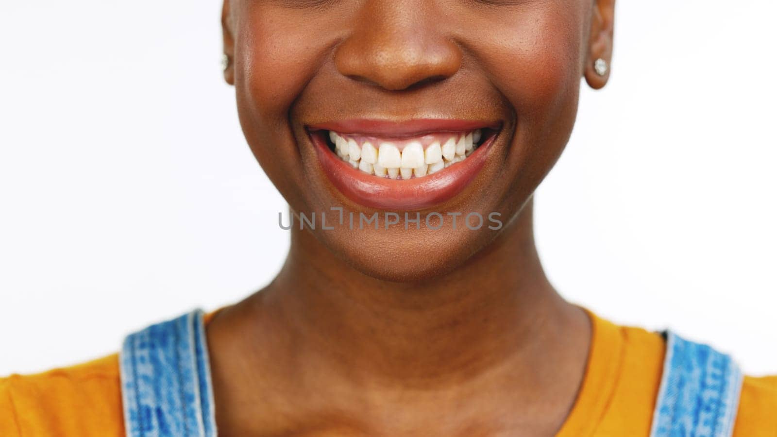 Black woman, teeth and smile for dental care, whitening or healthcare against a white studio background. Happy isolated African American female smiling for tooth, mouth or gum and oral hygiene.