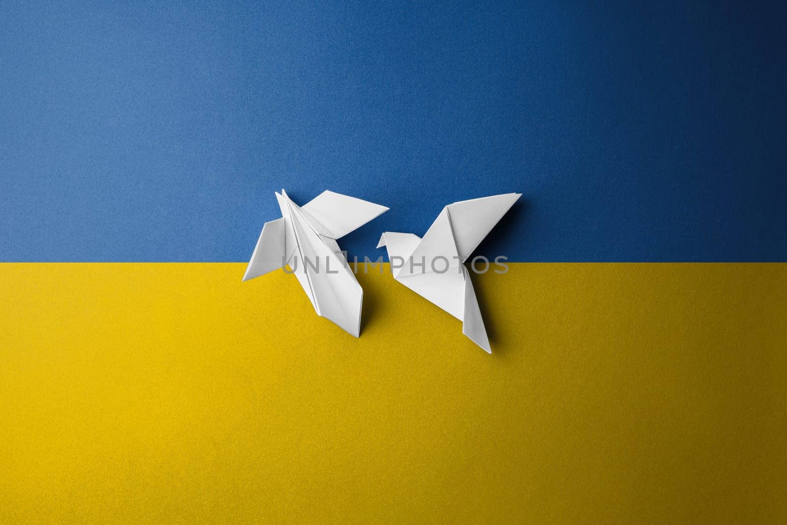 symbol of freedom, two white paper dove in the center on background of the flag of ukraine, with blue yellow color. concept needs help and support, truth will win