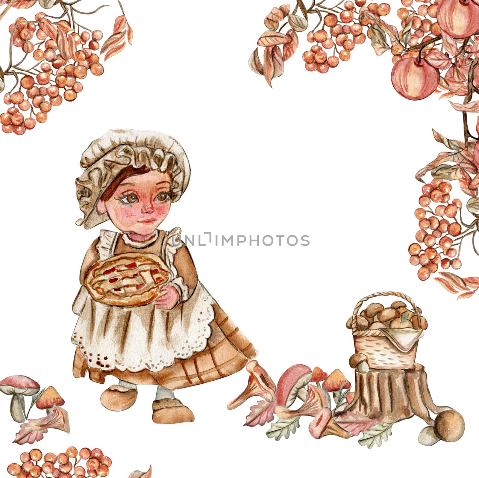 Composition of an autumn girl gnome . Hand drawn illustration of autumn. Perfect for scrapbooking, kids design, wedding invitation, posters, greetings cards, party decoration. by ArtsByLeila