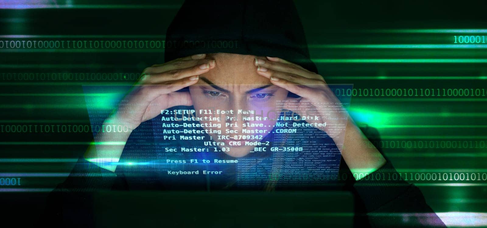 Hacker, code and stress with cyber crime, fear of getting caught and double exposure in IT, cybersecurity fail and software. Coding, programmer and glitch, person with headache and screen overlay.