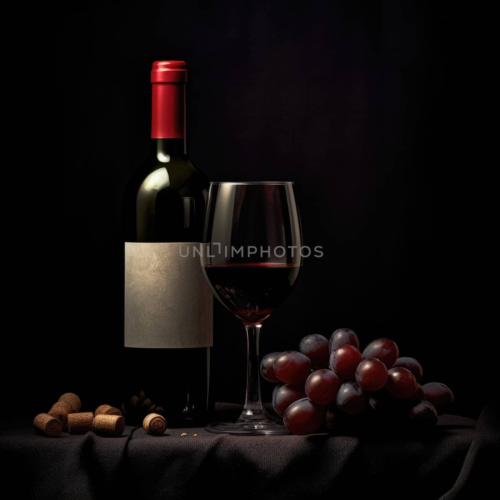 A bottle of red wine with a glass and winegrad on a dark background