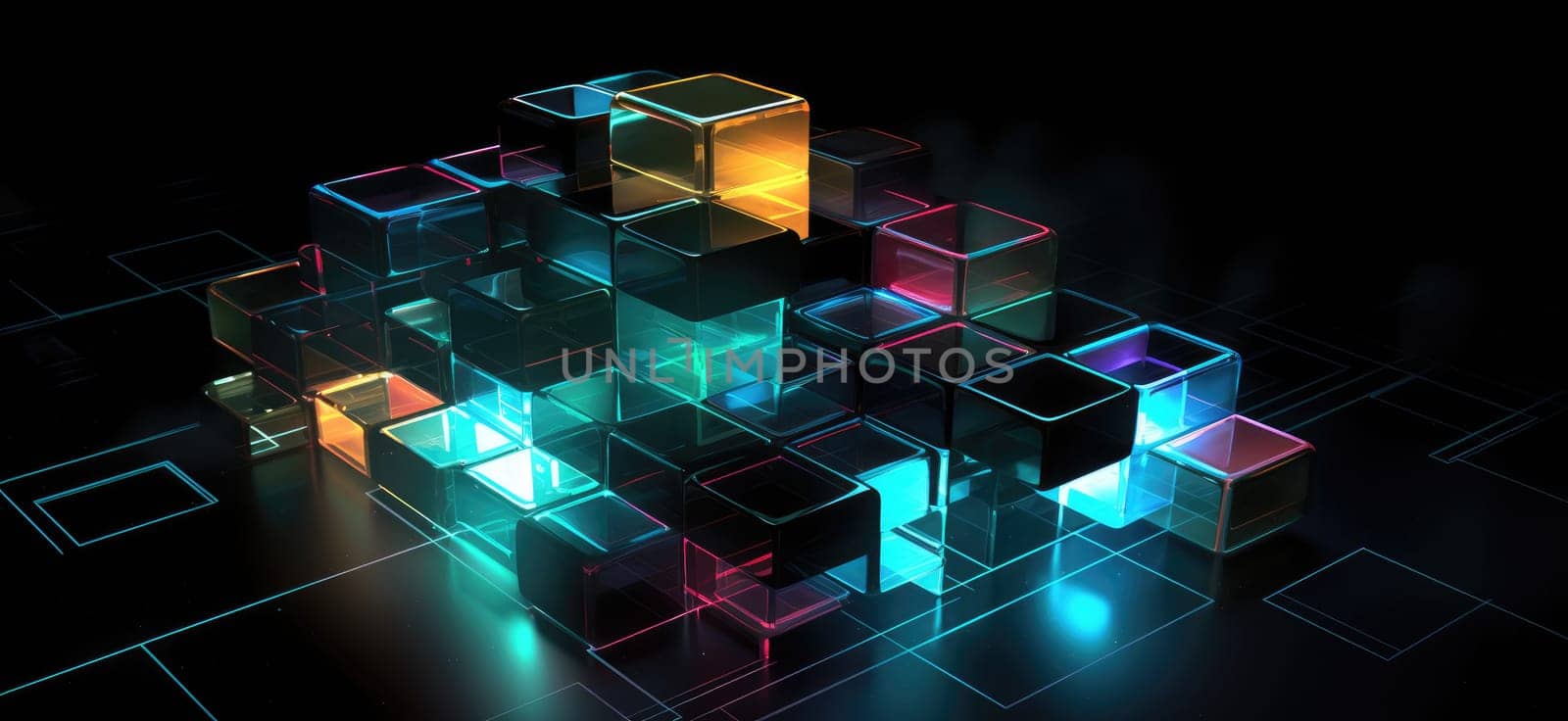 Bright colored cubes on a dark background. Beautiful background