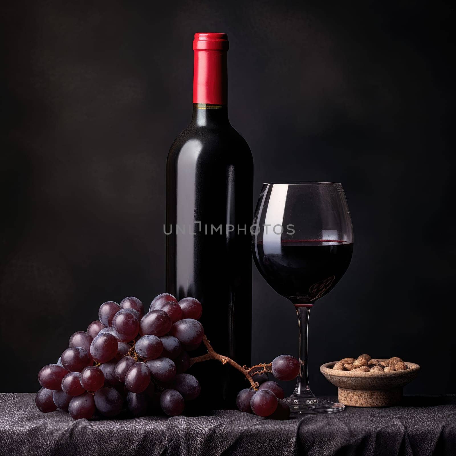 A bottle of red wine with a glass and winegrad on a dark background