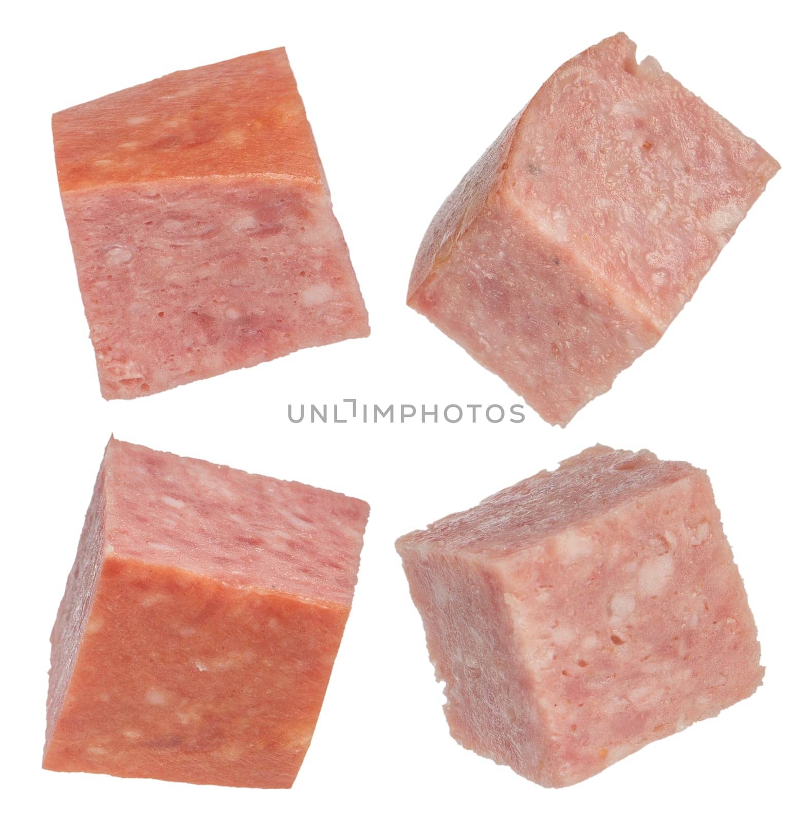 Smoked sausage isolate cut into squares. Salami sausage cubes on a white isolated background. For inserting into a design, project or product label creation. by SERSOL