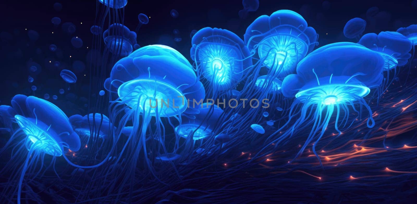 Transparent mushrooms or jellyfish. Microcosm of living organisms. The concept of nature