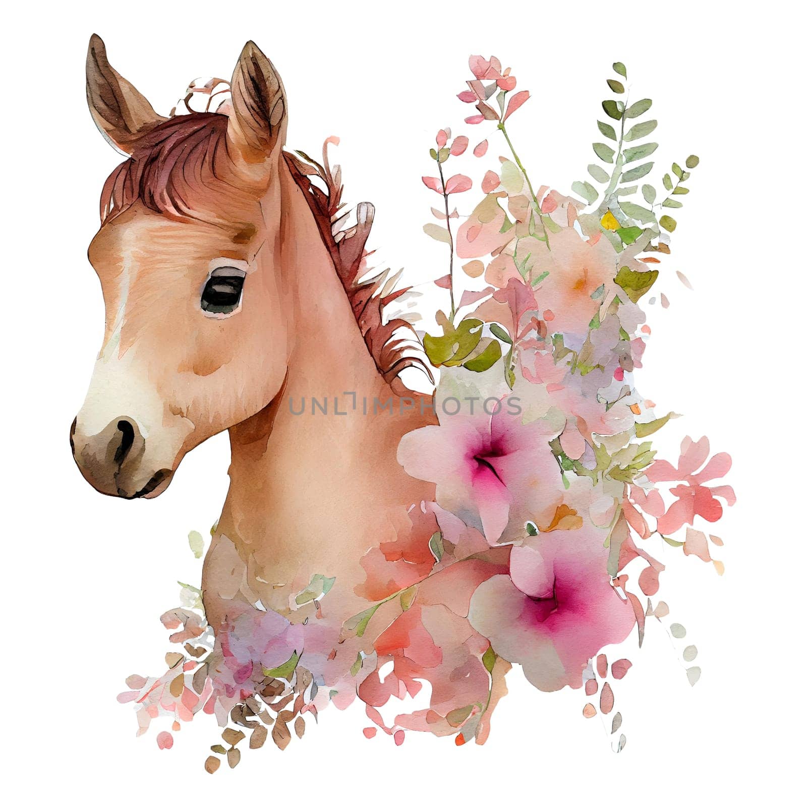 Horse with pink flowers watercolor Illustration isolated on white background. Generative AI