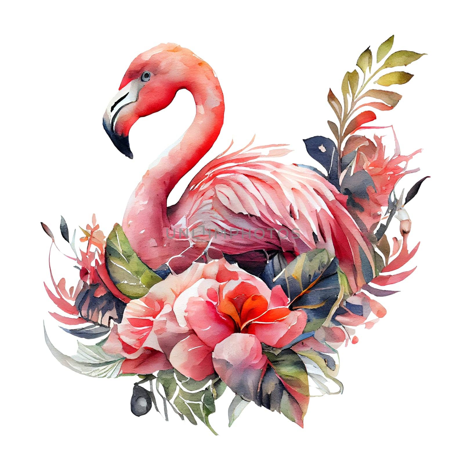 Flamingo with pink flowers watercolor Illustration isolated on white background. Generative AI